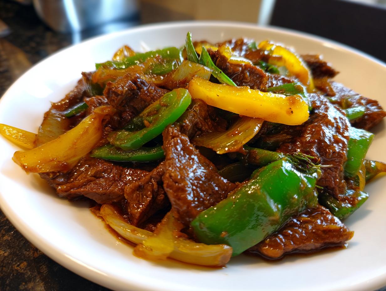 Close-up of delicious chinese pepper steak featuring tender beef strips, green bell peppers, and yellow onions in a savory sauce.