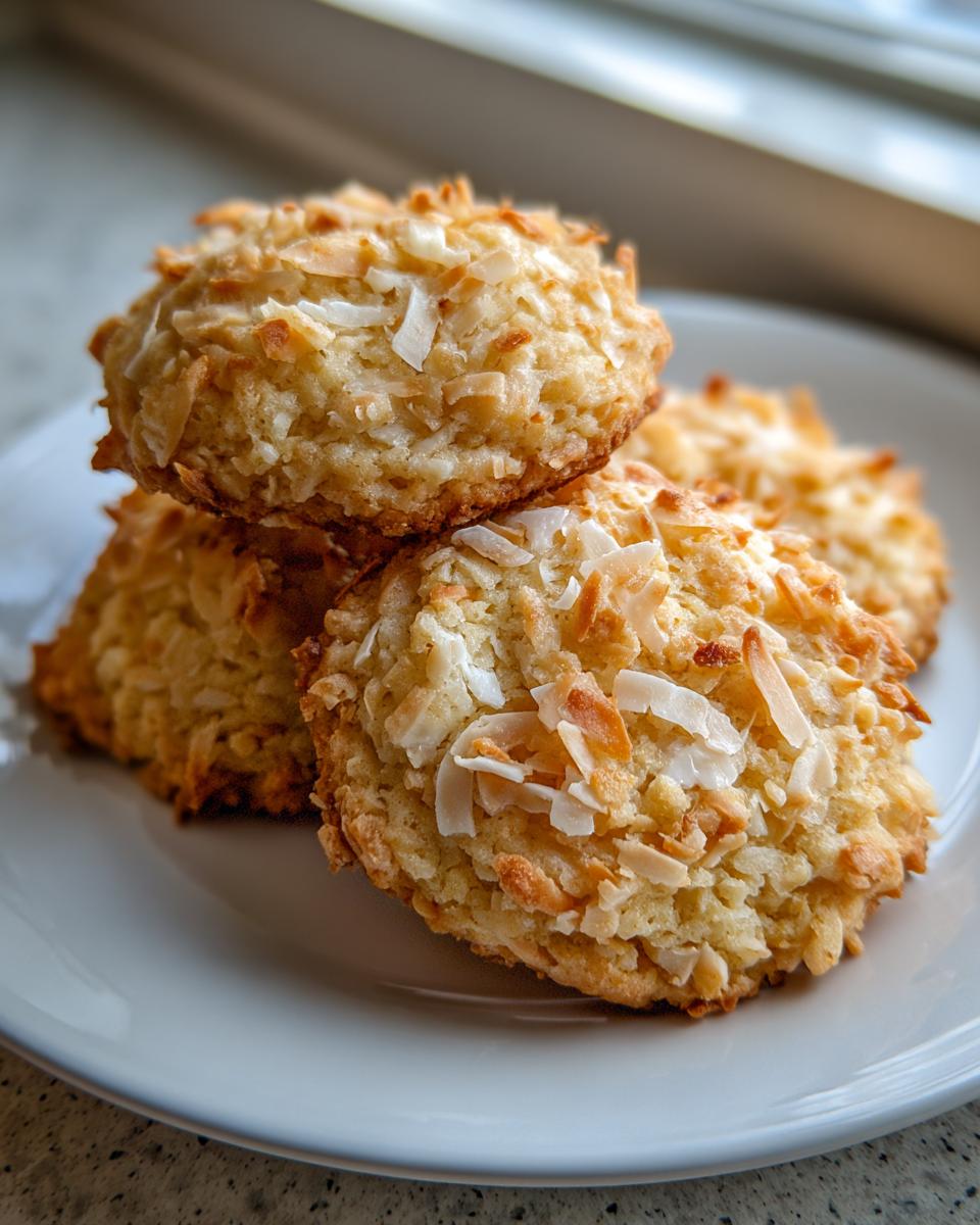 A stack of freshly baked, golden brown coconut cookies topped with toasted coconut flakes.