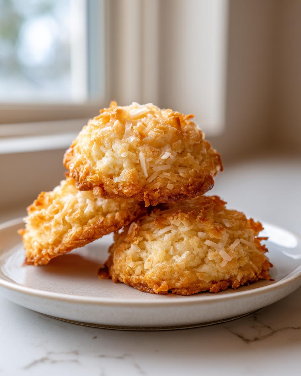 A stack of three golden brown, chewy coconut cookies with visible shredded coconut flakes.