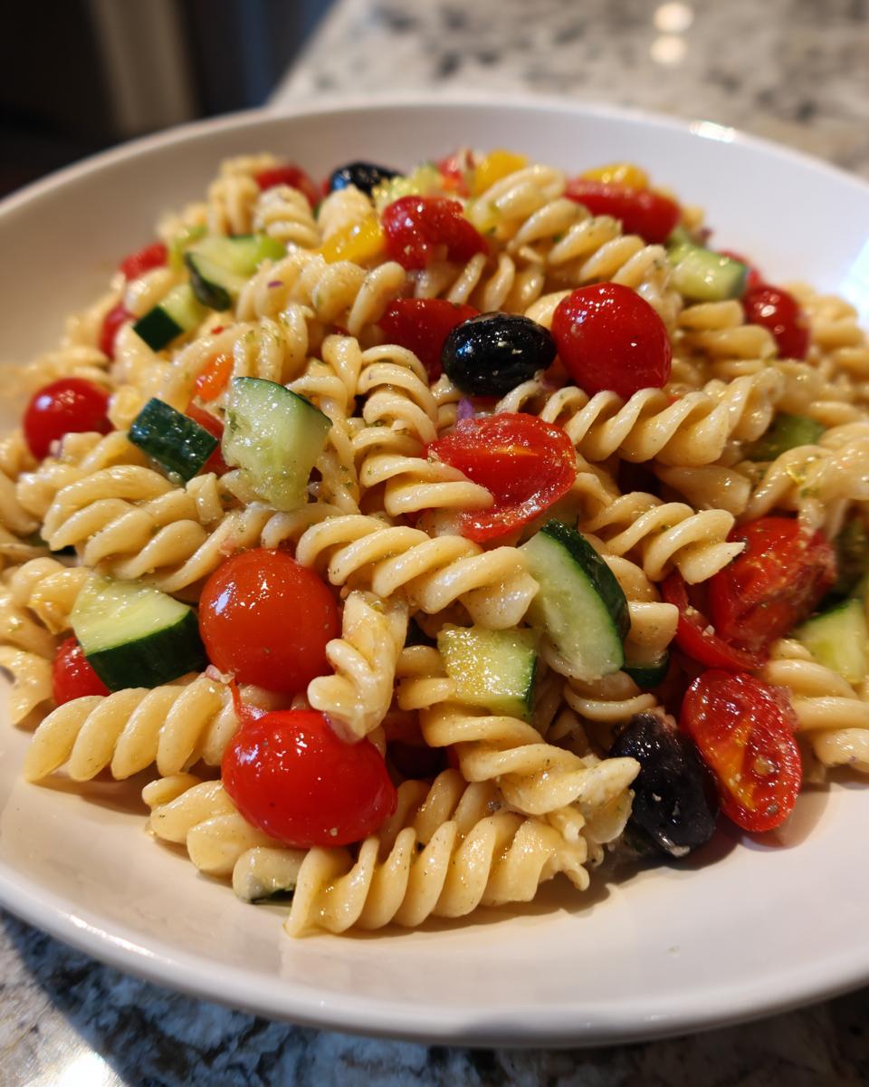 A close-up shot of a bowl filled with vibrant cold pasta salad featuring rotini pasta, cherry tomatoes, cucumbers, and black olives.