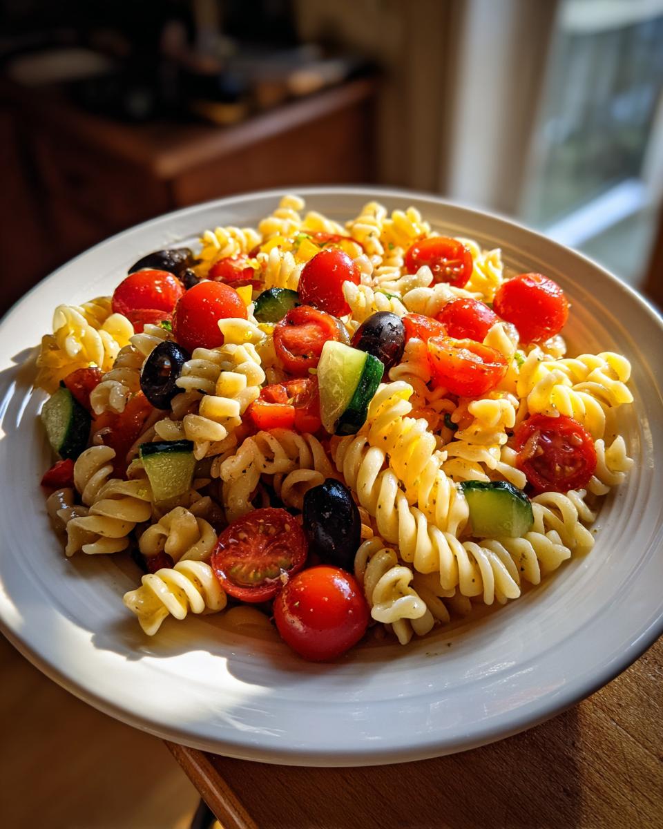 A close-up of a white plate filled with vibrant cold pasta salad featuring rotini, cherry tomatoes, cucumbers, and black olives.