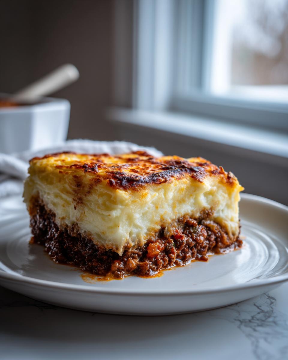 A thick, hearty slice of cottage pie showing layers of rich meat filling and fluffy, browned mashed potato topping.