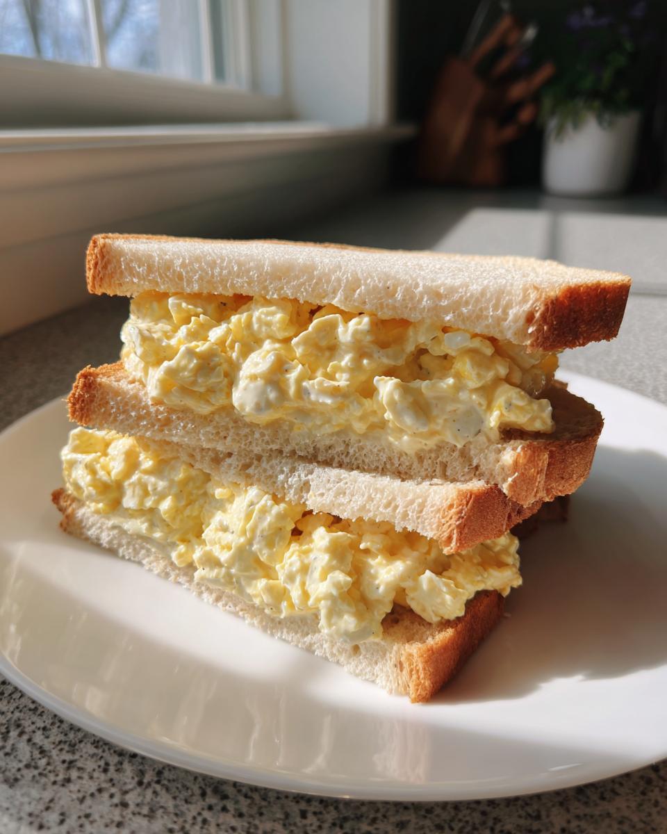 Two halves of a thick egg salad sandwich stacked on a white plate, showing creamy yellow egg salad filling.