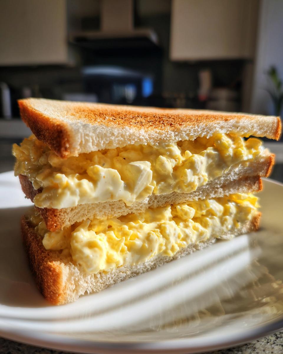 A close-up of a thick egg salad sandwich, cut in half and stacked, served on toasted white bread.