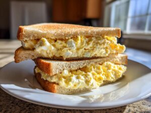 Two halves of a thick egg salad sandwich stacked on a white plate, featuring creamy filling between toasted bread.