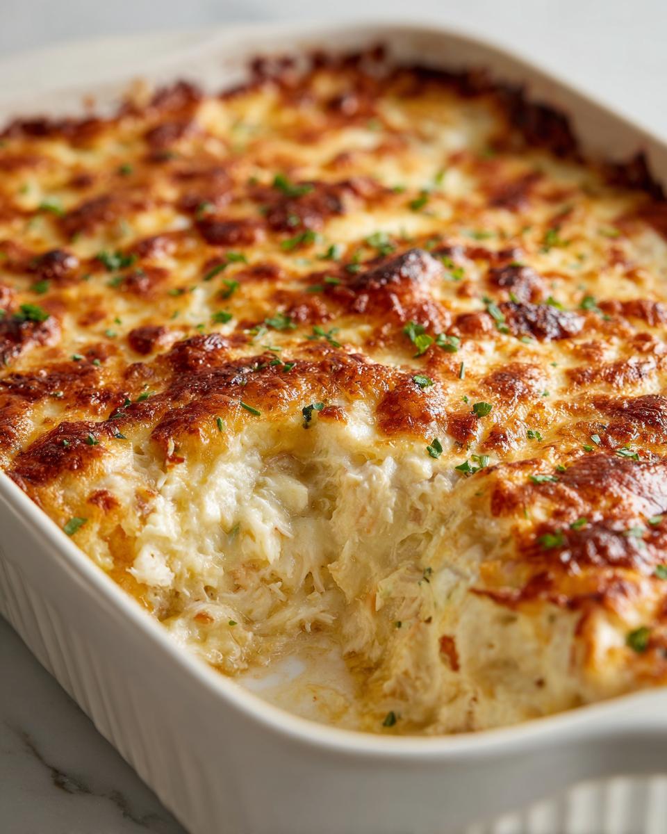 Close-up of baked hot crab dip in a white dish, showing creamy texture and browned, bubbly cheese topping.