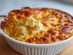 A spoonful being lifted from a baked hot crab dip, showing gooey, melted cheese strings.