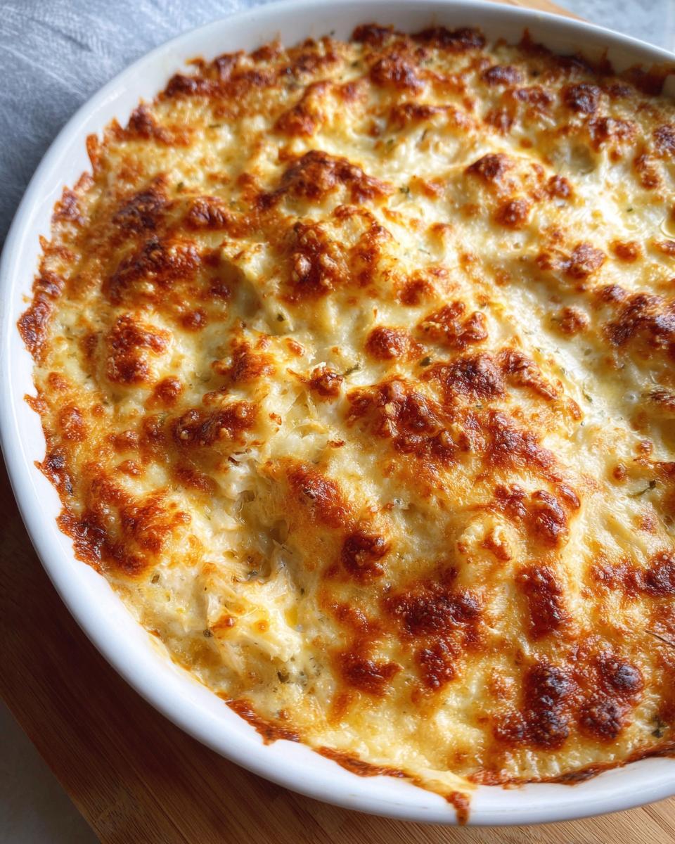 Close-up of a creamy, baked hot crab dip topped with bubbly, golden-brown melted cheese.