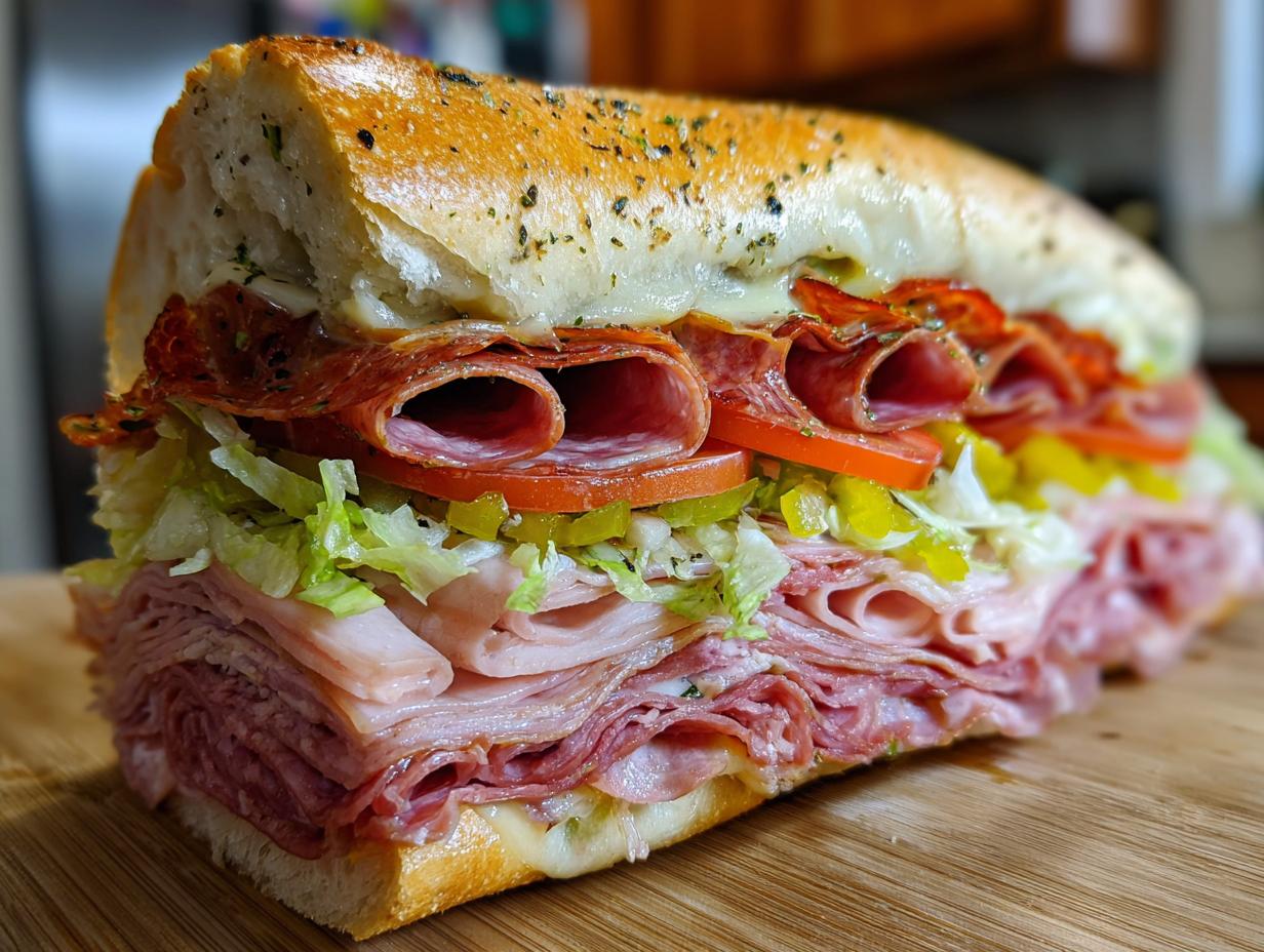 Close-up of a massive Italian grinder sub overflowing with layers of salami, ham, lettuce, tomato, and peppers on a toasted roll.