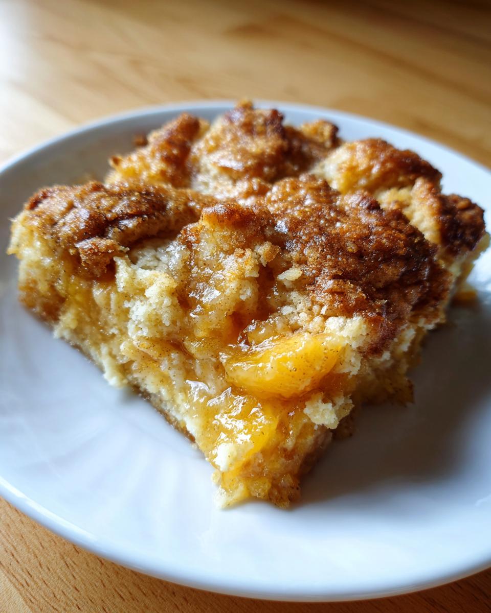 A close-up shot of a square serving of delicious peach cobbler recipe on a white plate.