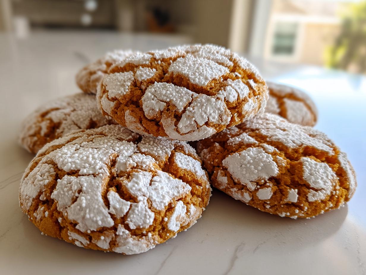 A close-up stack of several soft, orange pumpkin crinkle cookies heavily dusted with white powdered sugar.