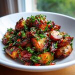 Close-up of a white bowl filled with perfectly roasted potato salad, topped generously with fresh chopped parsley.