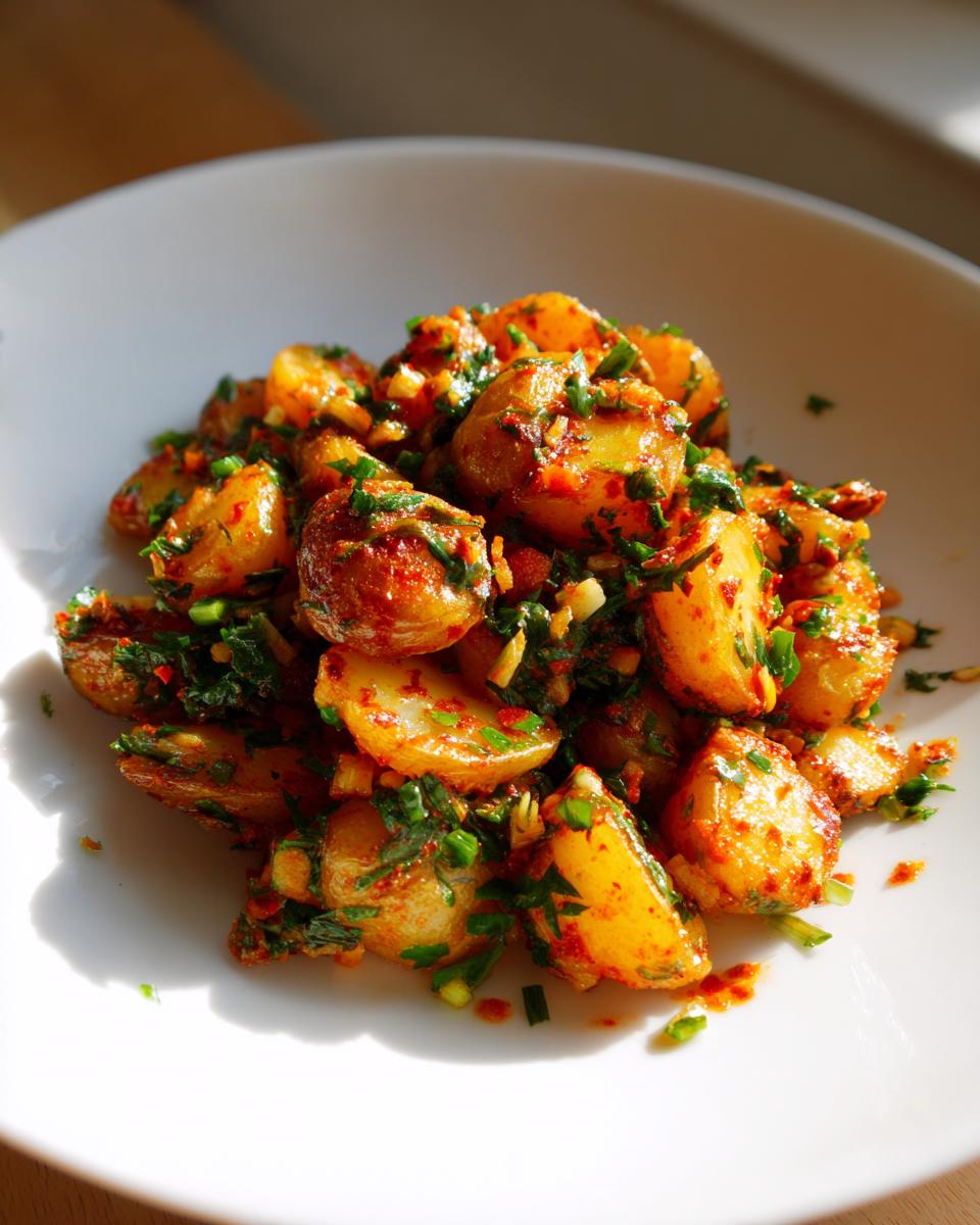 Close-up of vibrant roasted potato salad tossed in a spicy red dressing and fresh green herbs.