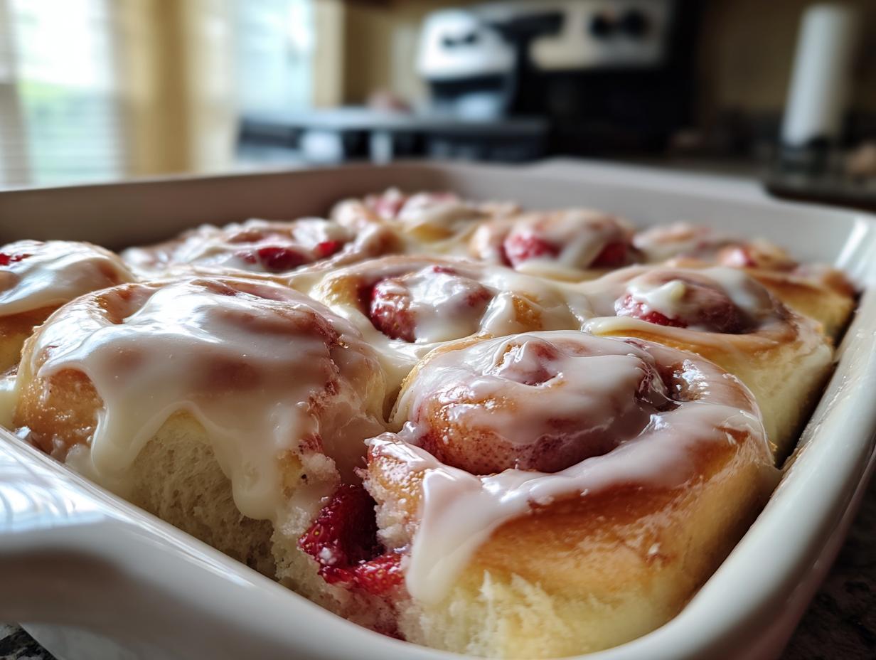 Close-up of freshly baked strawberry cinnamon rolls topped with thick white icing in a white baking dish.