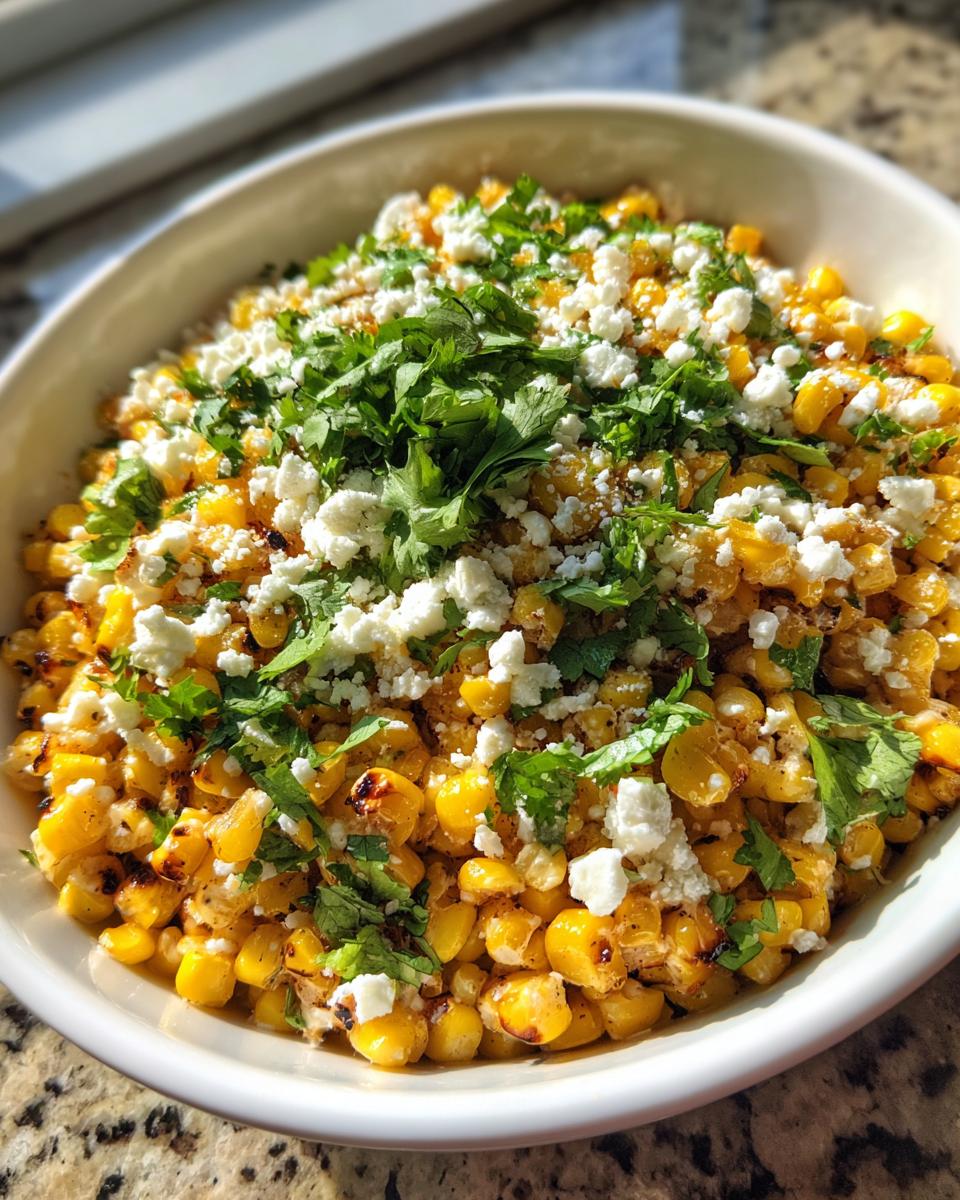 A white bowl filled with vibrant street corn salad, topped generously with crumbled white cheese and fresh cilantro.