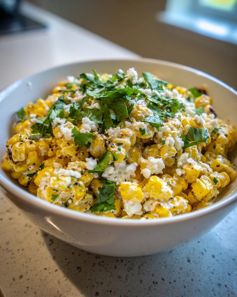 Close-up of a white bowl filled with vibrant yellow street corn salad, topped with crumbled white cheese and fresh cilantro.