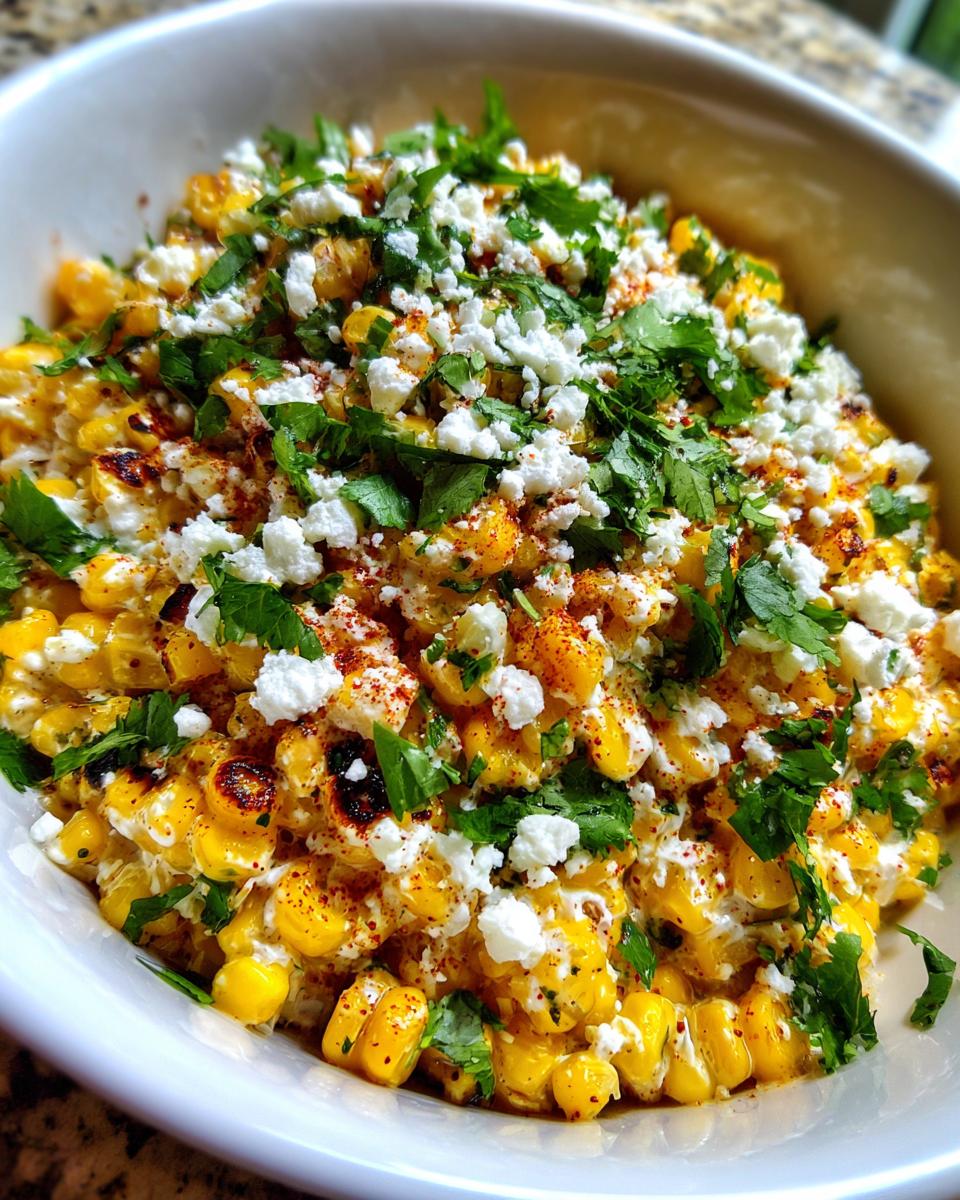 Close-up of vibrant yellow corn kernels tossed in a creamy sauce, topped with crumbled white cheese and fresh cilantro for a delicious street corn salad.