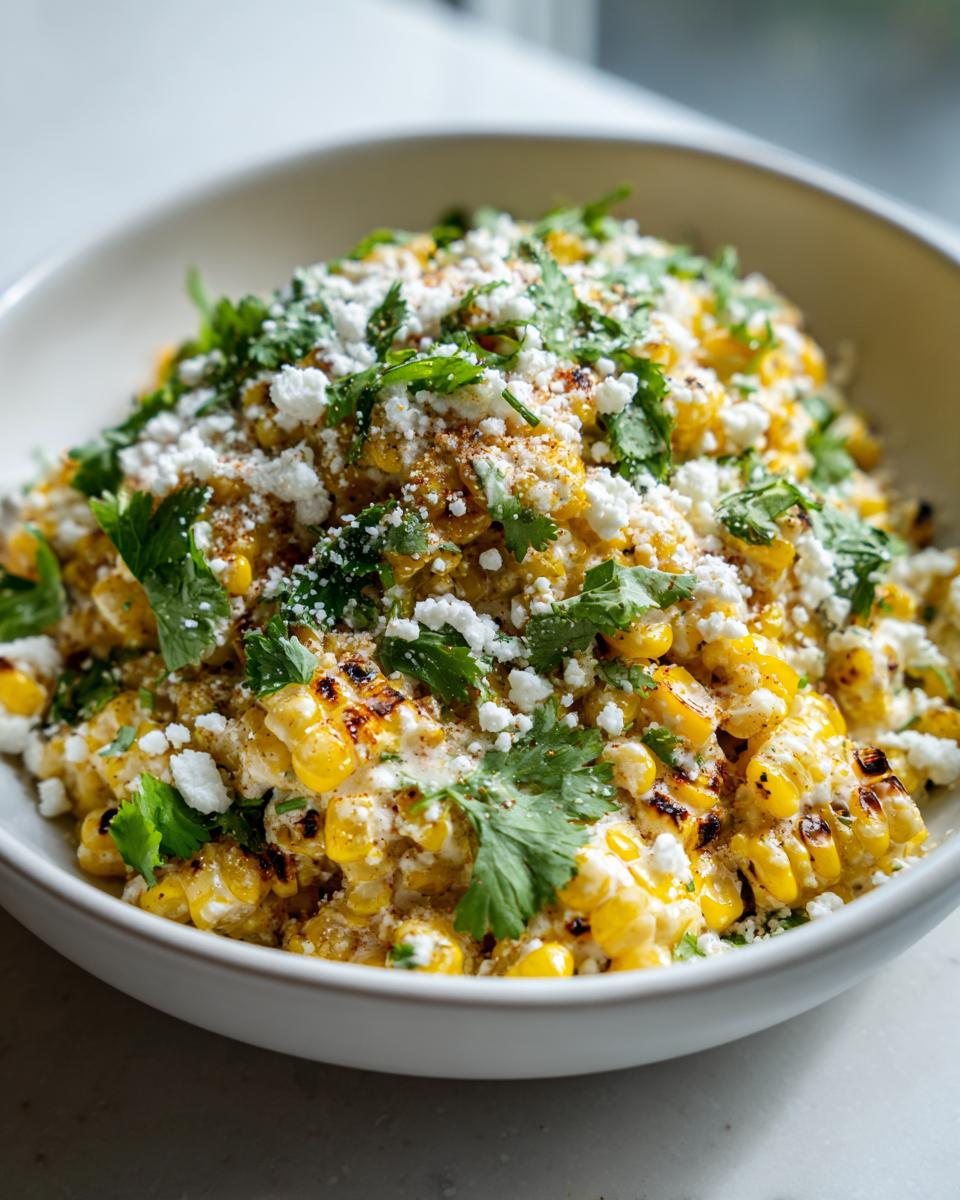 Close-up of a bowl filled with amazing street corn salad, topped generously with crumbled white cheese and fresh cilantro.