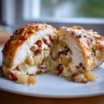 Cross-section of juicy apple and brie stuffed chicken showing melted brie, apple chunks, and pecans inside a golden-brown breast.