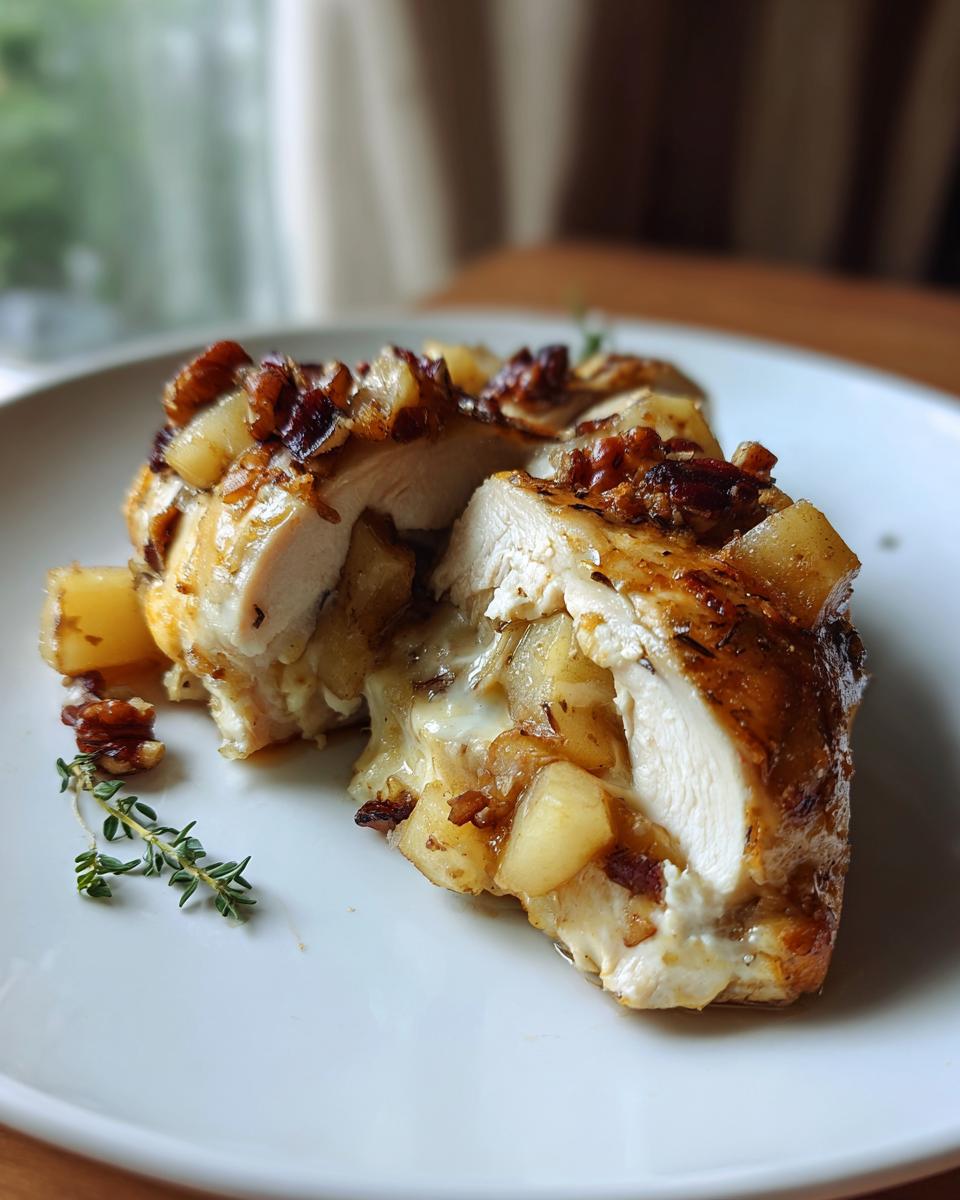A cross-section view of the apple and brie stuffed chicken, showing melted brie and apple filling inside the juicy chicken breast.