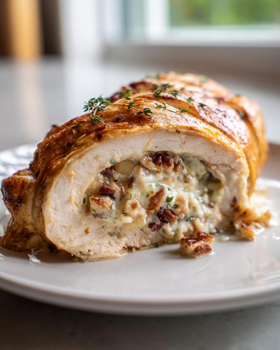 Close-up of a sliced apple and brie stuffed chicken breast, showing creamy filling with pecans and herbs.