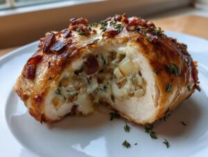 A cross-section of baked apple and brie stuffed chicken, showing melted cheese, apple pieces, and bacon bits inside.