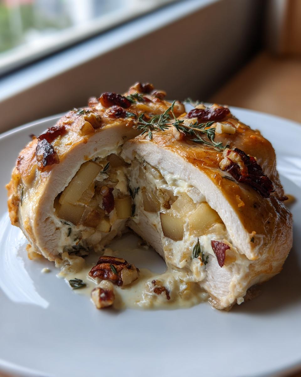 Cross-section view of apple and brie stuffed chicken, showing creamy filling, apple chunks, and pecan topping.