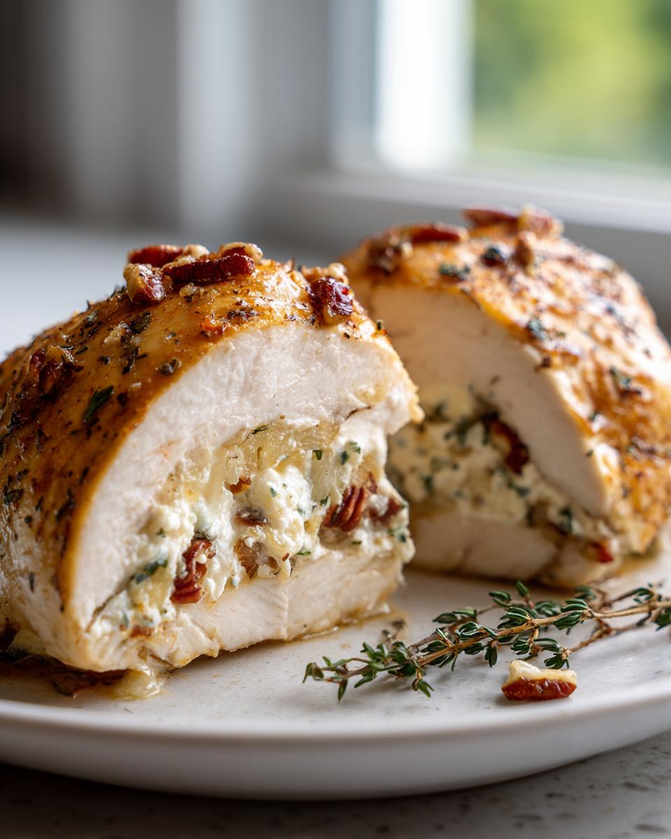 Cross-section view showing the creamy filling inside the baked apple and brie stuffed chicken breast, topped with pecans.