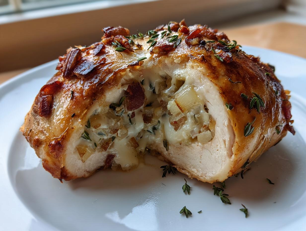 A cross-section of baked apple and brie stuffed chicken, showing melted cheese, apple pieces, and bacon bits inside.