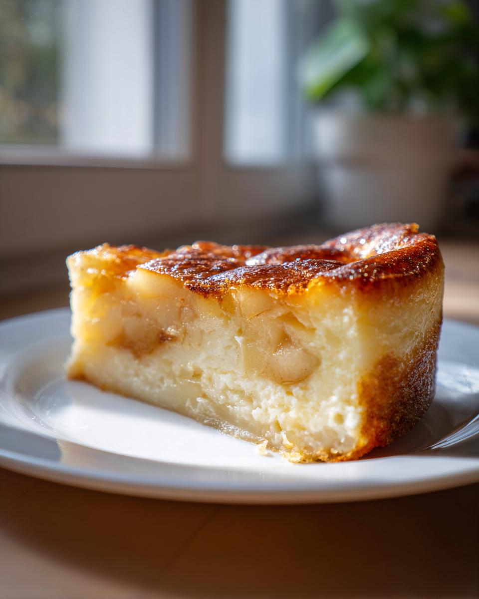 A thick slice of apple custard impossible pie with a golden-brown top, served on a white plate.