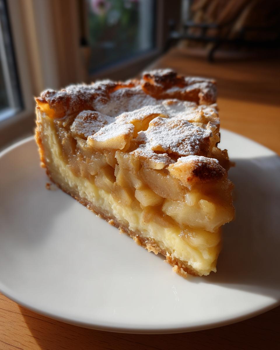 A thick slice of apple custard impossible pie, showing layers of crust, creamy custard, and spiced apples, dusted with powdered sugar.