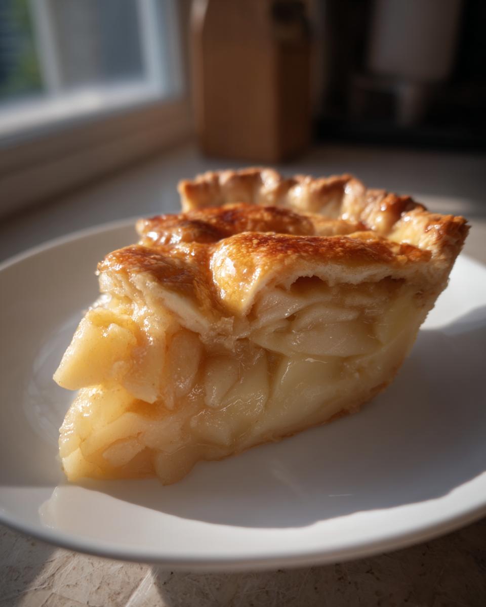 A close-up slice of apple custard impossible pie showing tender apple filling and a flaky, golden-brown top crust.