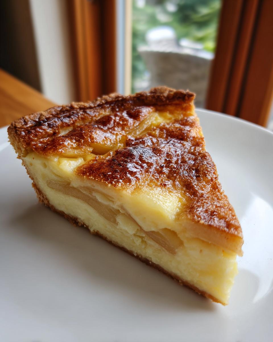 A close-up slice of apple custard impossible pie showing layers of apple and creamy custard with a deeply browned, caramelized top.