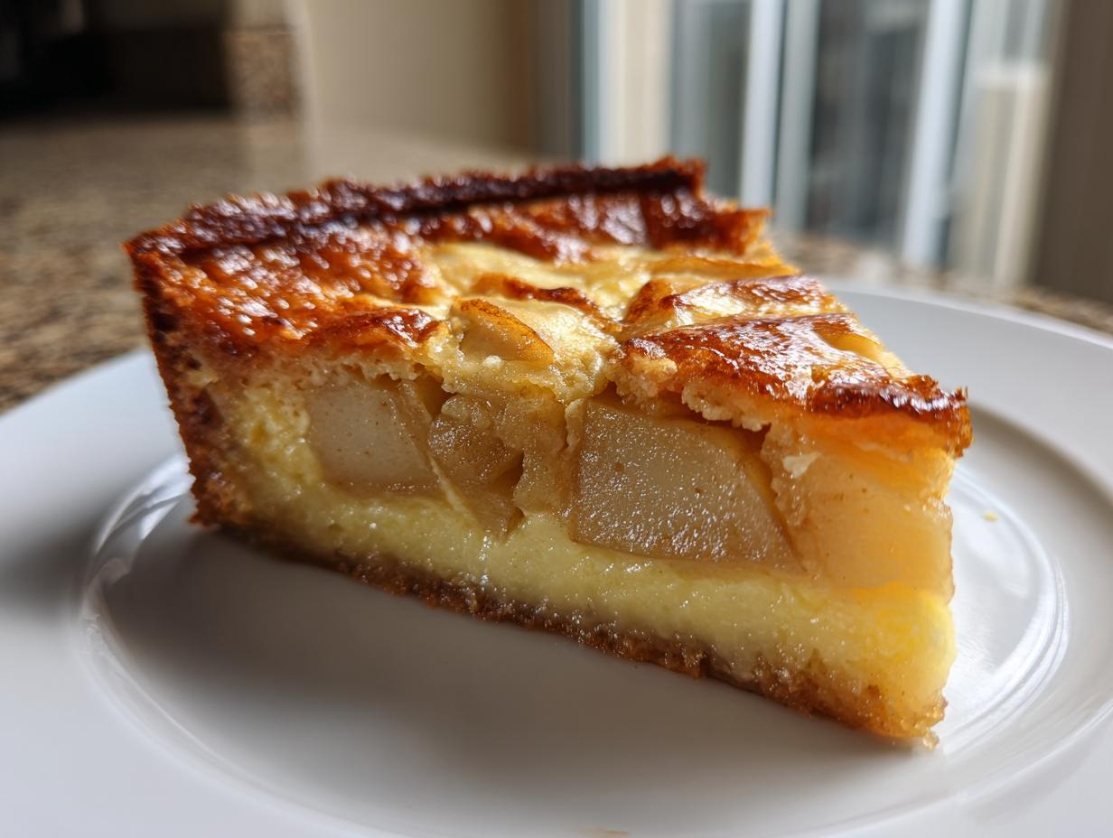 A close-up slice of apple custard impossible pie showing layers of creamy custard, cooked apples, and a caramelized top crust.