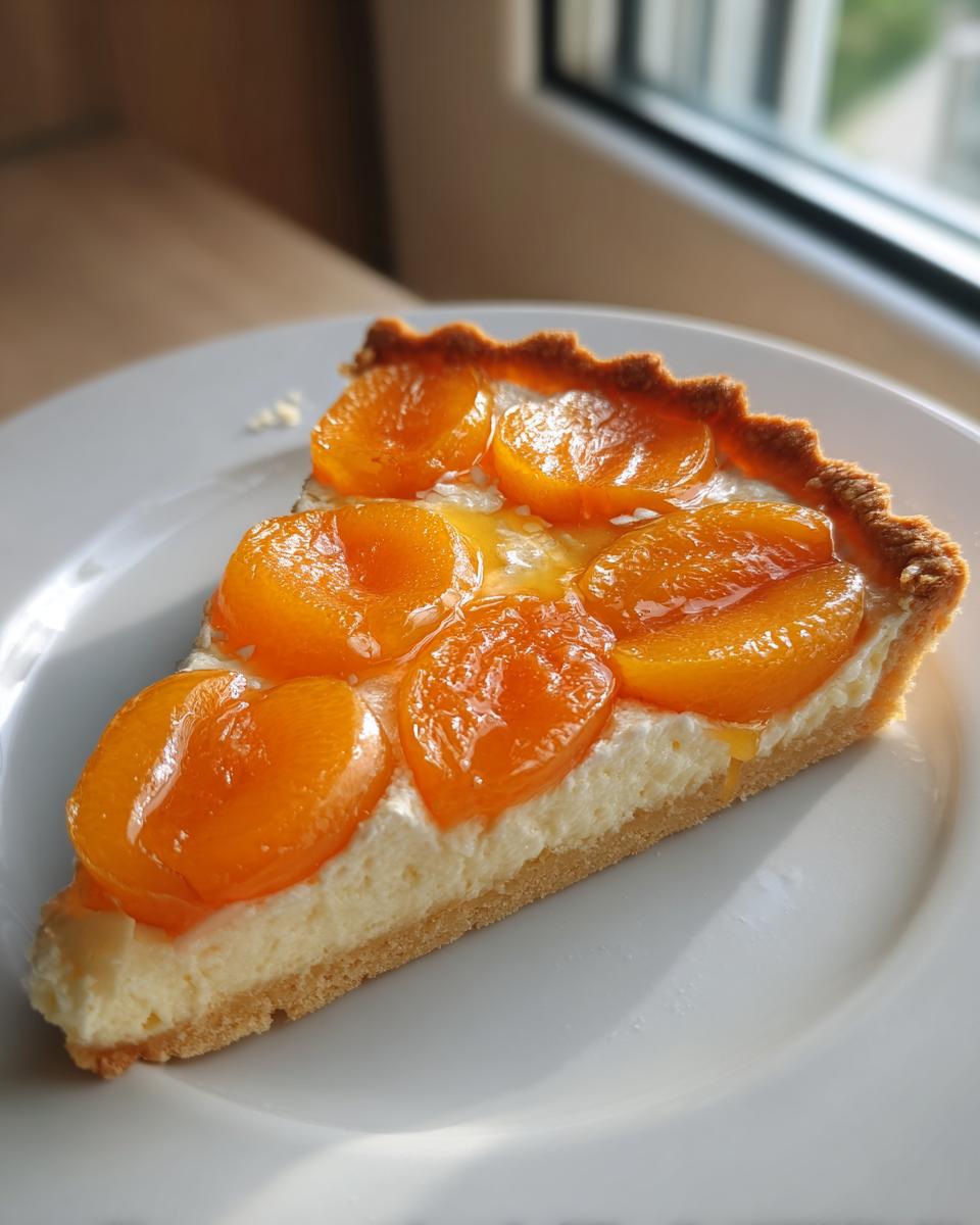 A close-up slice of an apricot-almond tartlet featuring a graham cracker crust, thick cream filling, and glazed apricot halves.