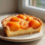 A close-up slice of a baked apricot-almond tartlet showing the crust, creamy filling, and glazed apricot halves on top.