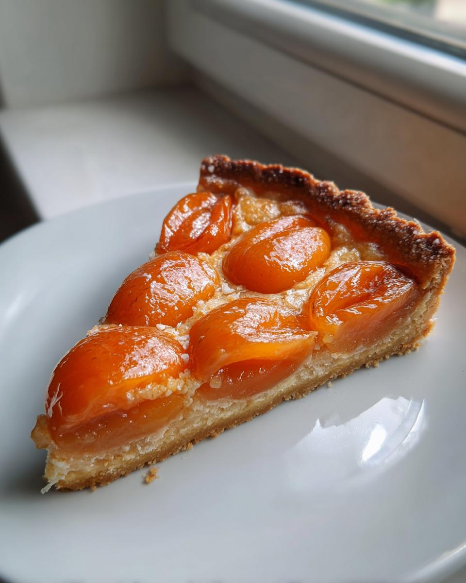 A close-up slice of a baked apricot-almond tartlet featuring glossy, halved apricots on a creamy filling.
