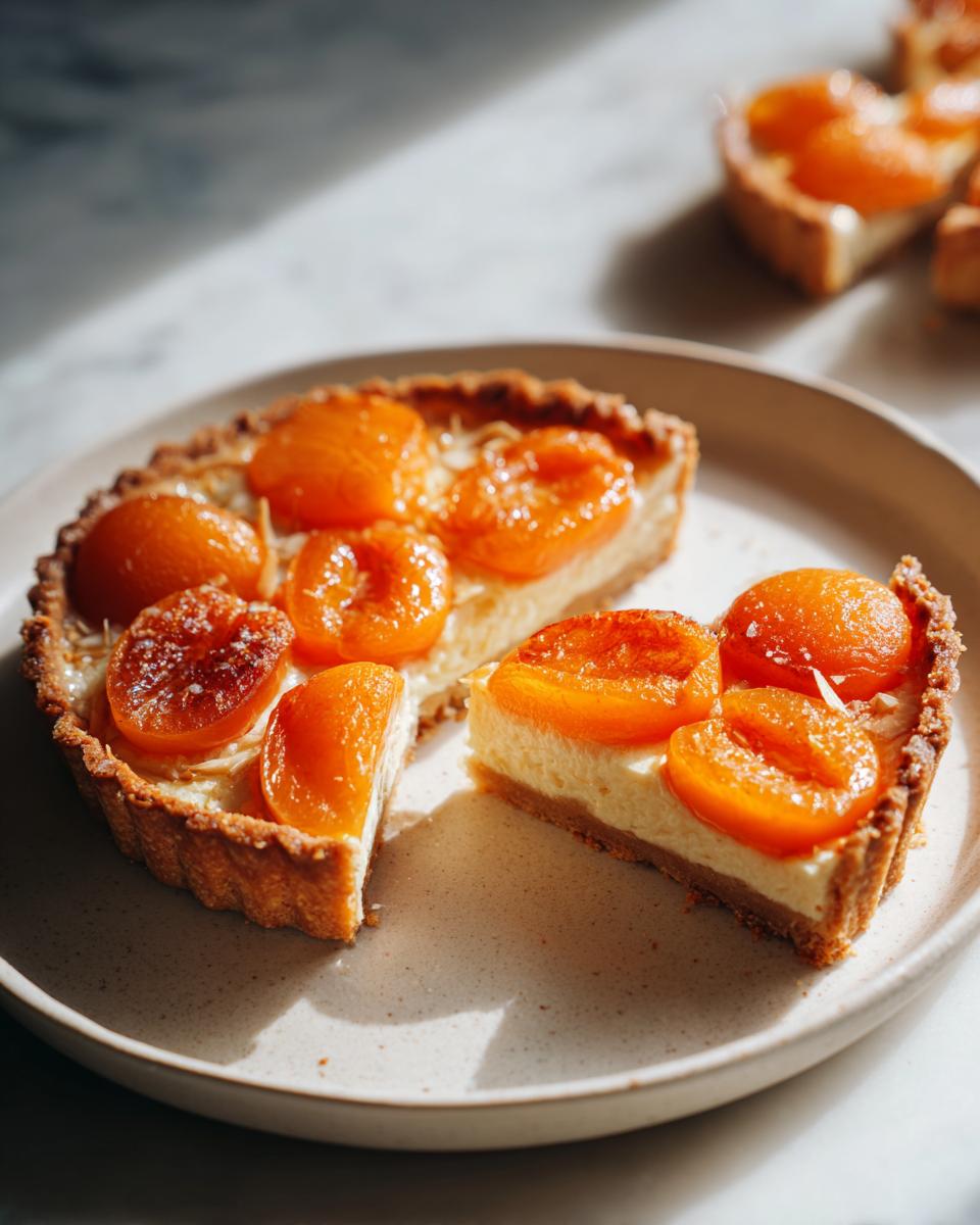A close-up of a sliced apricot-almond tartlets showing the buttery crust, creamy filling, and glazed apricot halves.