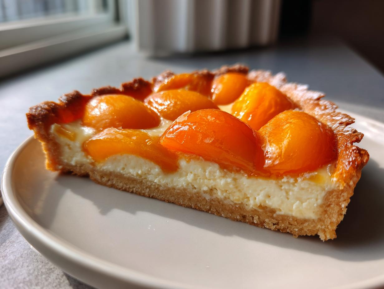 A close-up slice of apricot-almond tartlets showing a golden crust, creamy filling, and glazed apricot halves.