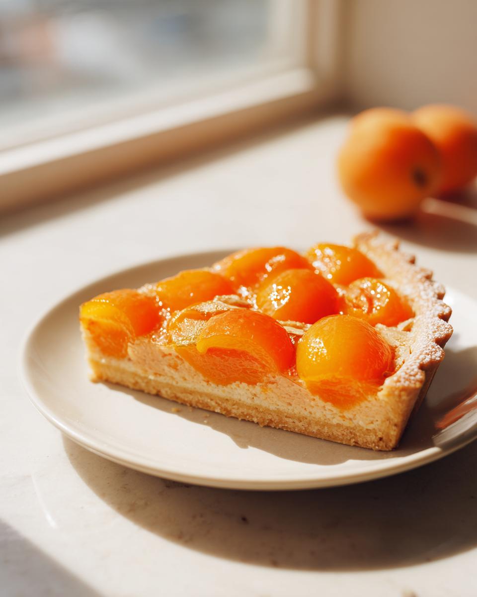 A close-up slice of an apricot-almond tartlet topped with glazed apricots, sitting on a plate near fresh apricots.