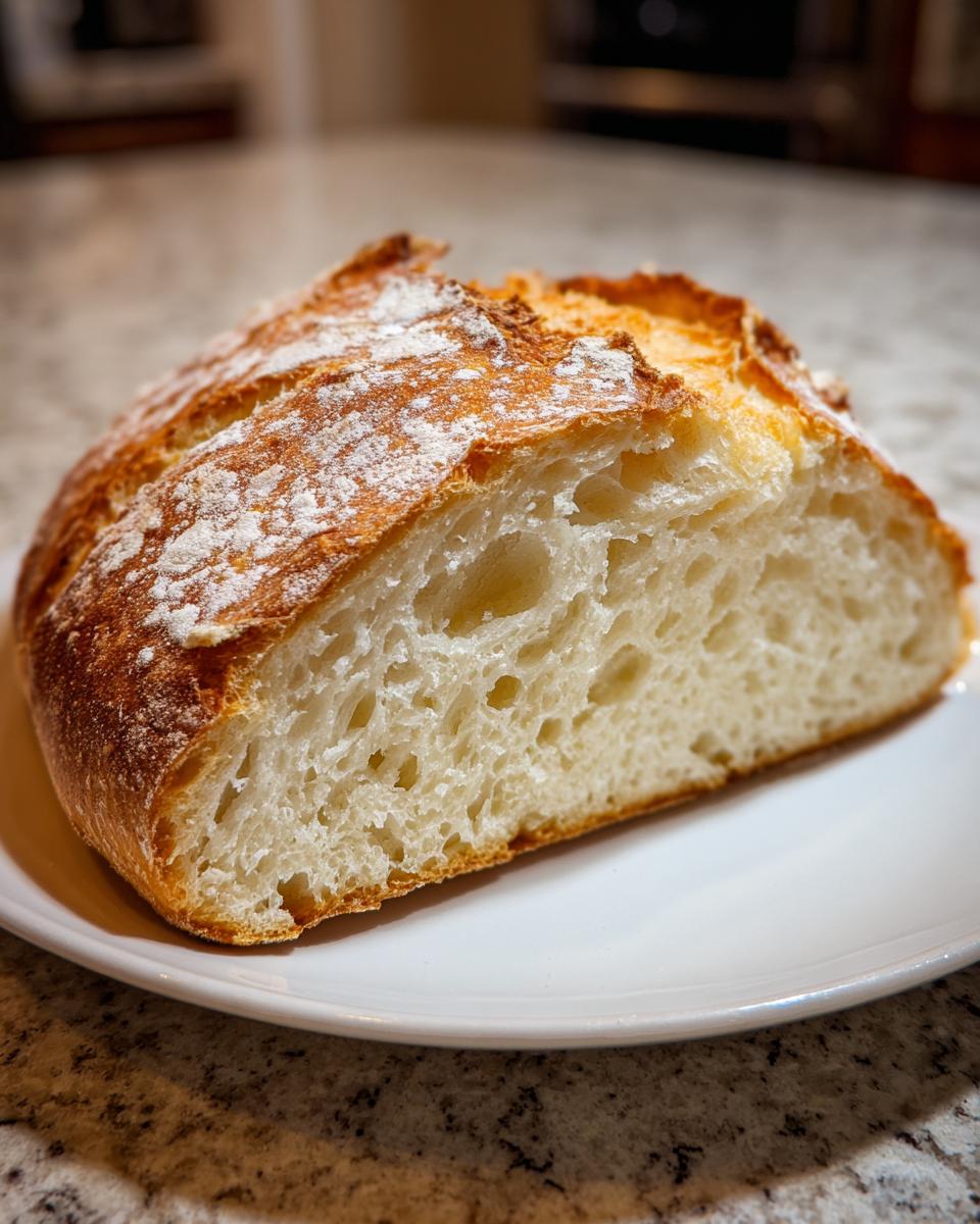 A close-up view of a freshly baked artisan bread loaf, sliced in half to show the airy, open crumb structure.