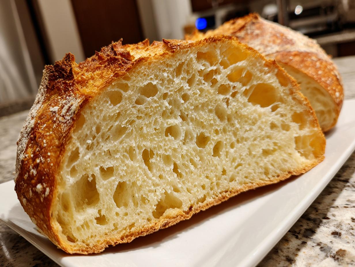 Close-up of the open crumb structure of freshly baked artisan bread, showing large irregular holes.