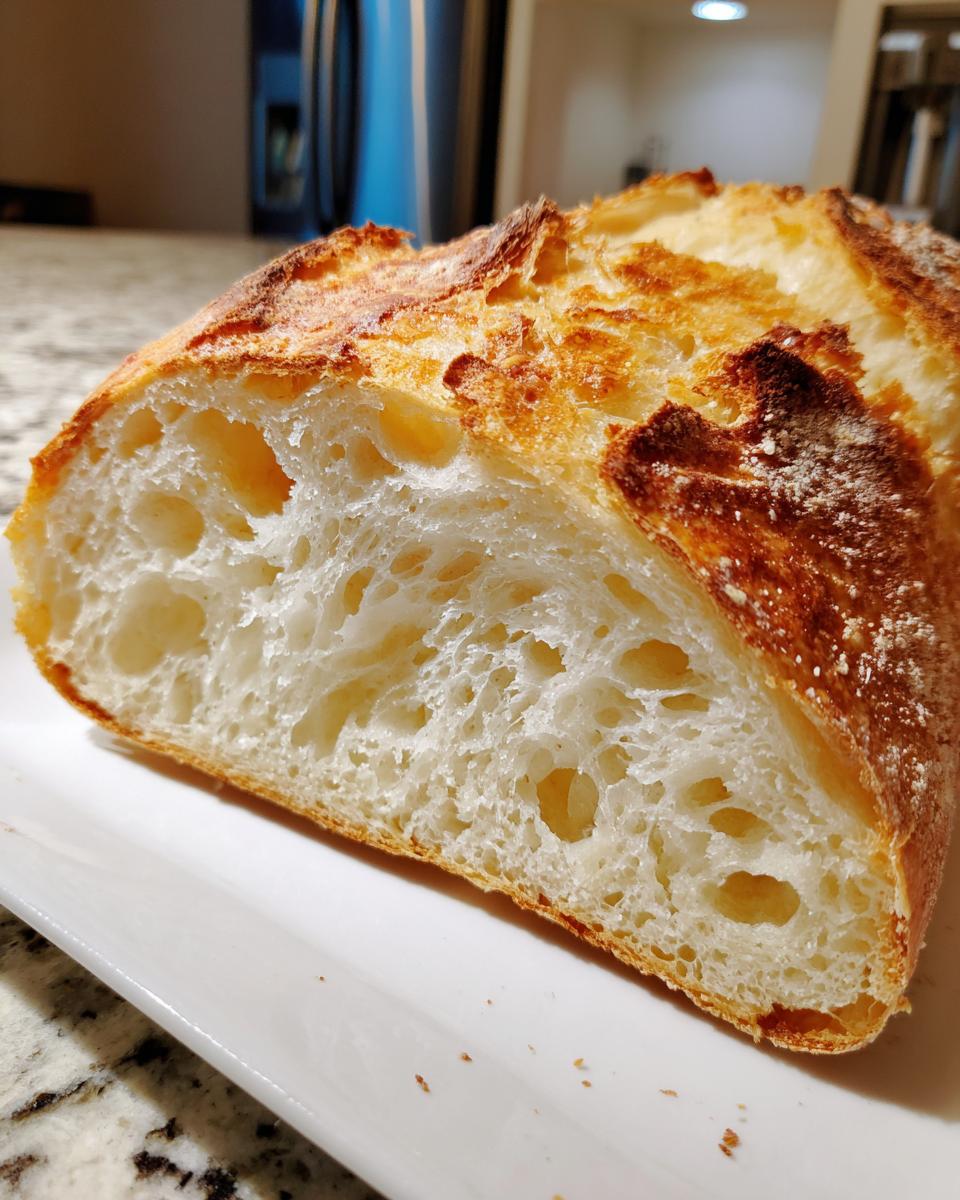 Close-up cross-section showing the open, airy crumb structure of the finished artisan bread.