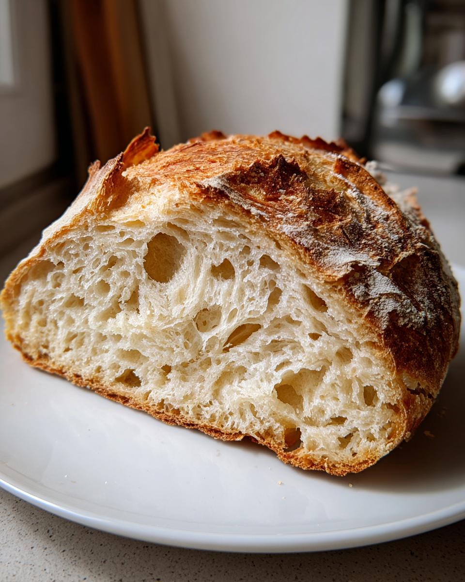 Close-up of a slice of artisan bread showing a beautiful, open, airy crumb structure and a golden-brown crust.