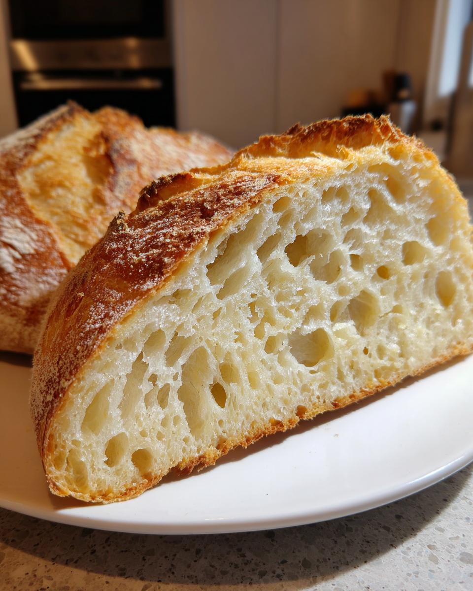 Close-up of the airy, open crumb structure inside a slice of homemade artisan bread.