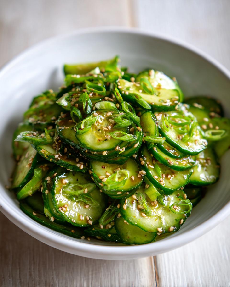 Close-up of thinly sliced cucumbers tossed in dressing, topped with sesame seeds and green onions, showcasing the Asian cucumber salad.