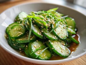 Close-up of sliced cucumbers tossed in dressing, topped with sesame seeds and green onions, showcasing the vibrant Asian cucumber salad.