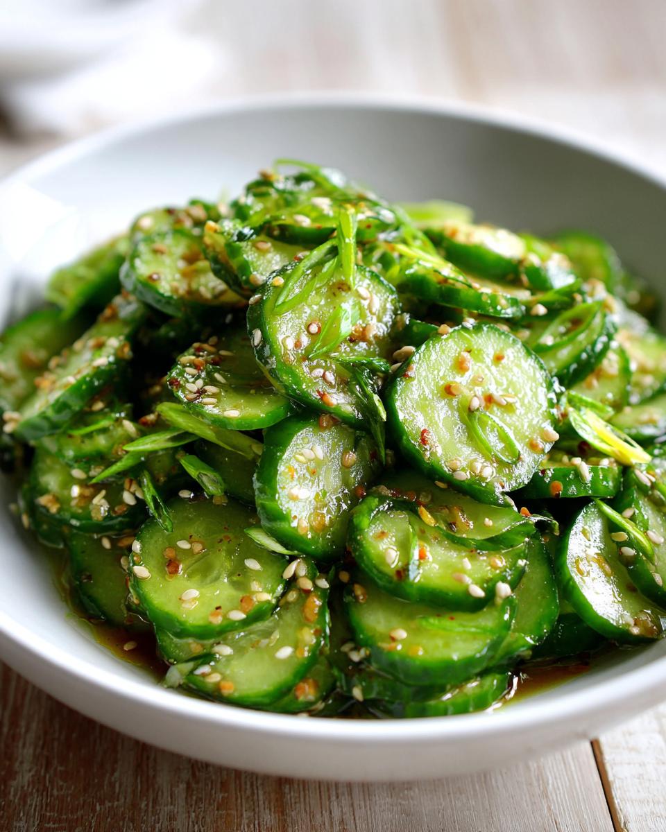 Close-up of thinly sliced cucumbers tossed in a savory dressing, topped with sesame seeds, in an Asian cucumber salad.