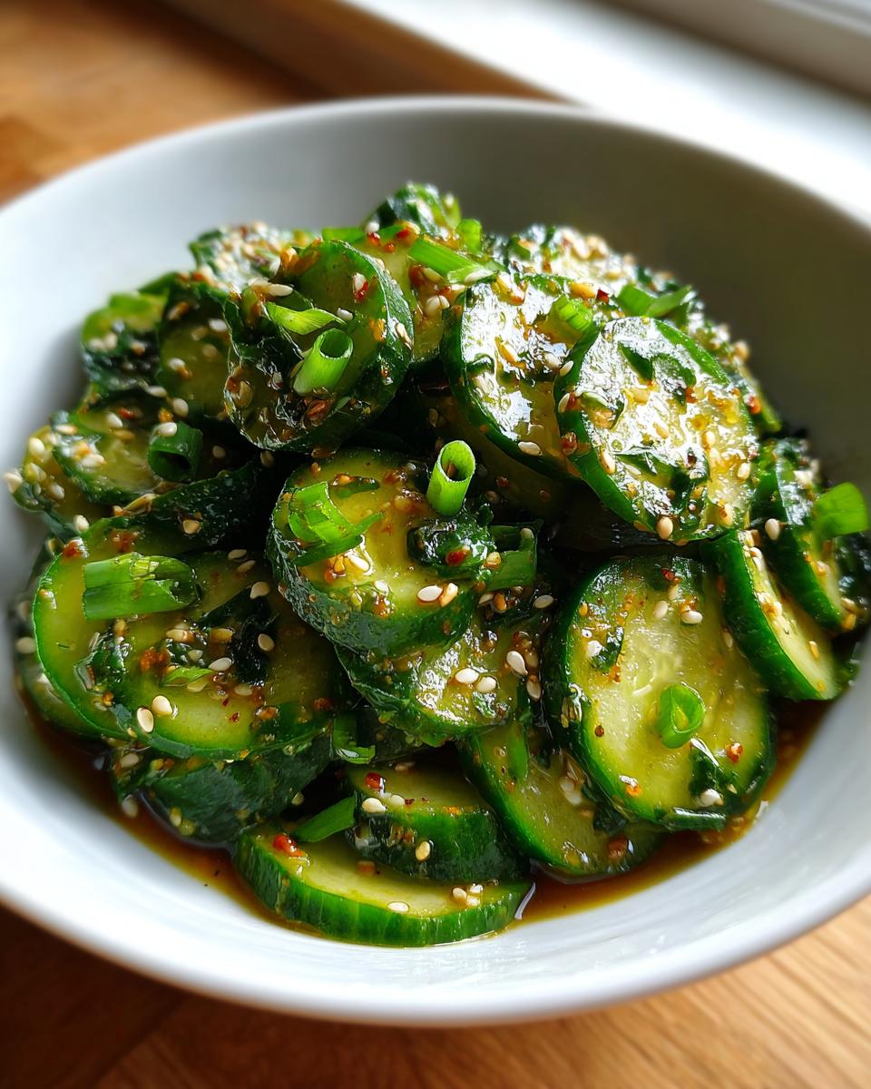 Close-up of vibrant Asian cucumber salad slices coated in dressing, topped with sesame seeds and green onions.