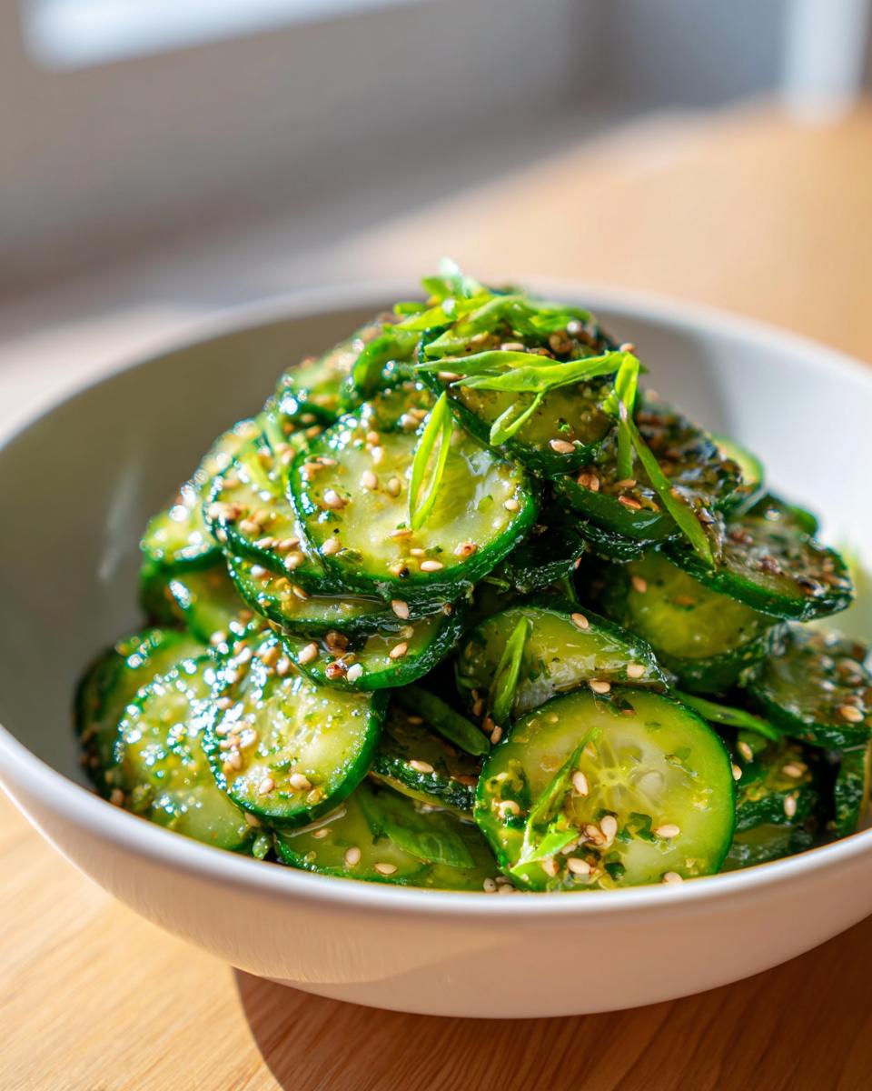 A close-up of a white bowl filled with thinly sliced, marinated Asian cucumber salad, topped with sesame seeds and green onions.